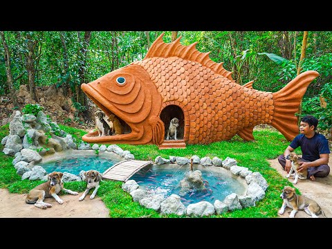 Puppies Explore Their New Fish House with Waterfalls and Ponds!